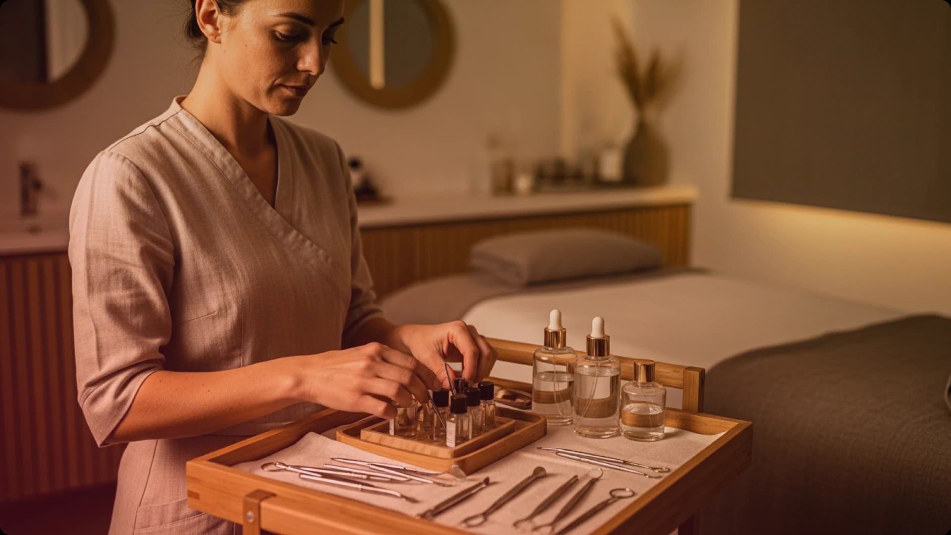 Beauty spa therapist preparing treatment tools